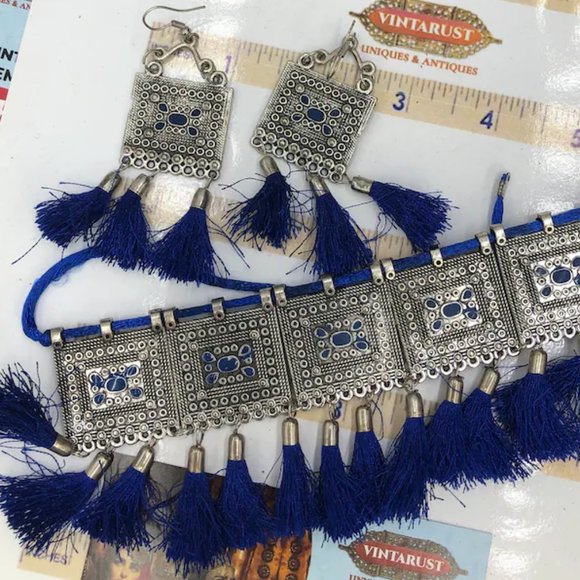 Silver Kuchi Afghan Jewelry Set With Dangling Tassels, Tribal Set - Picture 3 of 4